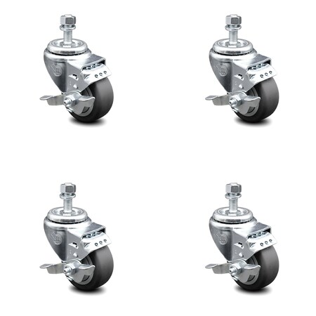 Service Caster 3.5 Inch Thermoplastic Rubber Swivel 3/8 Inch Threaded Stem Caster Set Brake SCC SCC-TS20S3514-TPRB-TLB-381615-4